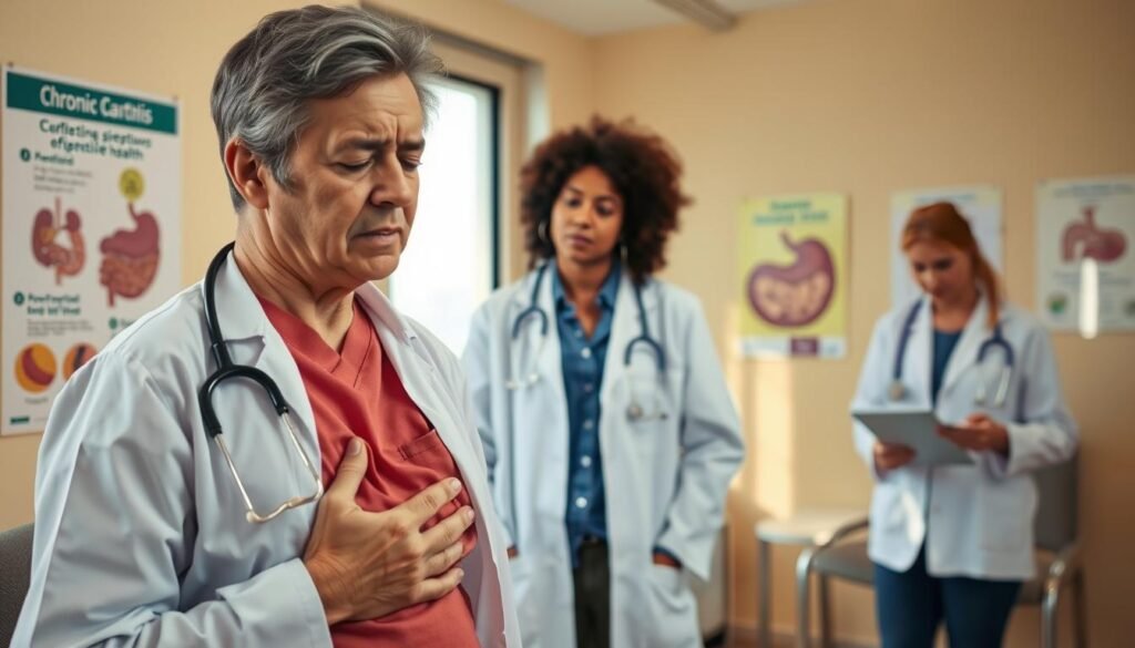 A clinical setting illustrating the symptoms of chronic gastritis, featuring a close-up of a patient in professional attire experiencing discomfort. The foreground shows the patient with a pained expression, holding their stomach, surrounded by subtle medical equipment like a stethoscope and medical charts. In the middle ground, a healthcare professional observes with concern, dressed in a white lab coat, taking notes on a tablet. The background reveals a well-lit consultation room, with medical posters about digestive health and a softly blurred window allowing natural light to enter. The overall atmosphere conveys a sense of urgency and compassion, highlighting the importance of recognizing chronic gastritis symptoms. Use a warm color palette to evoke a comforting yet serious mood.