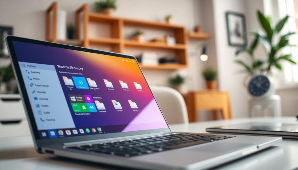 A close-up view of a Windows File History feature interface on a modern laptop screen, showing various backup options and a sleek graphical representation of folders. The foreground includes a clear focus on the vibrant screen, with colorful icons depicting different file types. The middle ground features a gently blurred workspace setting, with a clean desk and ambient lighting highlighting the laptop. The background offers a soft-focus view of a cozy home office, with warm wooden shelves and plants that give a welcoming atmosphere. The lighting is bright, evoking a sense of clarity and productivity, while the overall mood is professional yet inviting, perfect for showcasing data recovery features in a user-friendly manner.