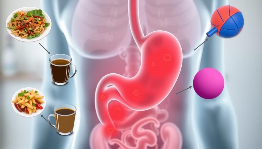 A close-up view of a human stomach diagram with visible discomfort indicators, such as inflammation and ulcers highlighted in red. Surrounding the diagram are common causes of chronic gastric issues illustrated realistically, including a plate of spicy food, a glass of coffee, and a stress ball. The background is softly blurred to emphasize the stomach diagram in the foreground, creating a clinical and informative atmosphere. The lighting is bright and even, simulating a medical environment to enhance clarity. This image is aimed at visually conveying the main causes of chronic gastric disorders while maintaining a professional and educational tone, suitable for a health article.