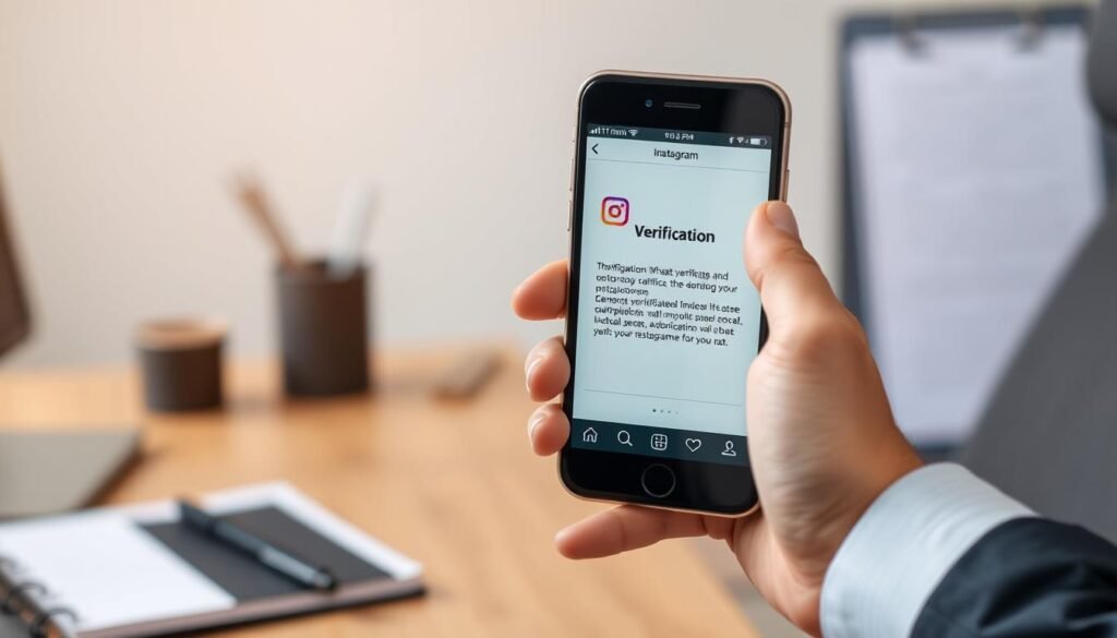A close-up view of a smartphone screen displaying the Instagram identity verification process. In the foreground, a person's hands, dressed in professional business attire, are holding the phone, showcasing the app interface with a bold verification message. In the middle ground, a blurred outline of a desk with some office supplies like a notebook and a pen, creating a sense of context. The background features soft-focus elements, hinting at a modern office environment with muted lighting for a professional atmosphere. The image conveys a mood of reassurance and clarity, emphasizing the importance of secure identity verification in social media, with soft light illuminating the phone screen to draw attention to the verification details.