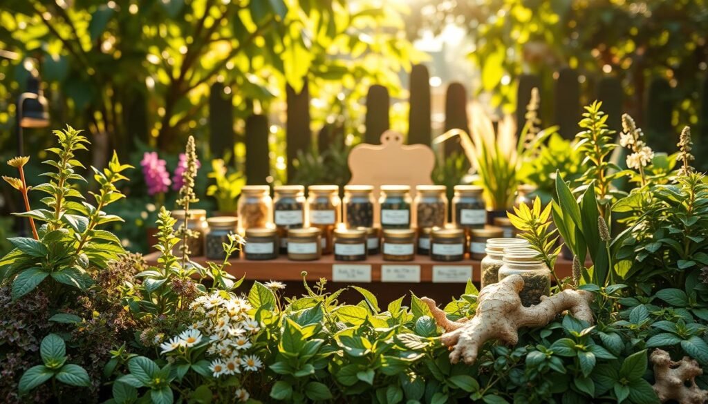 A lush assortment of various herbal plants, creatively arranged in the foreground, showcasing recognizable species such as peppermint, chamomile, and ginger. In the middle ground, an elegant wooden table displays neatly labeled jars filled with dried herbs and natural remedies, inviting viewers to explore their potential health benefits. The background features a sunlit garden, with sunlight streaming through leaves, creating a warm and inviting atmosphere. The mood is serene and earthy, emphasizing the connection between nature and wellness. The scene is captured with soft, diffused lighting to enhance the natural colors and textures of the plants, using a shallow depth of field to focus on the herbal displays, creating an engaging and informative visual representation of the benefits of herbal medicine.