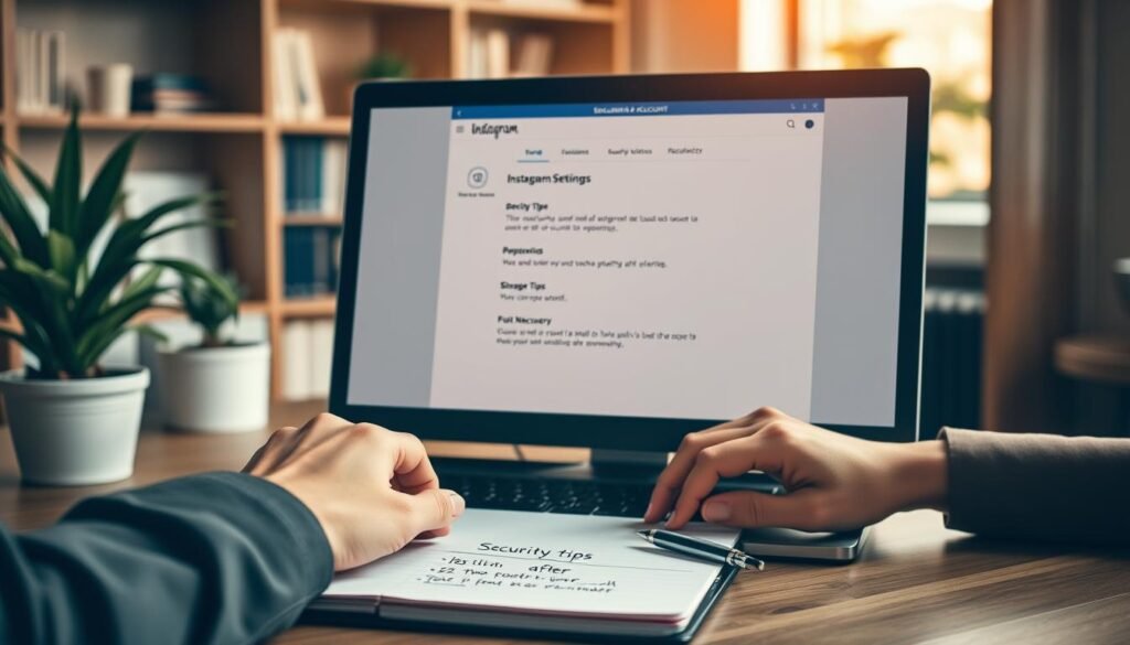 A professional workspace illustrating the concept of securing an Instagram account after recovery. The foreground features a computer screen displaying the Instagram security settings interface, with an emphasis on two-factor authentication options. A pair of hands, dressed in smart casual attire, navigates the screen. In the middle, a notepad and pen are placed alongside the laptop, with security tips written down. The background contains a softly blurred office setting, with a potted plant and bookshelves, conveying a sense of focus and tranquility. The lighting is warm and inviting, with natural light filtering through a window, creating a sense of safety and security. Overall, the atmosphere is one of empowerment and caution.