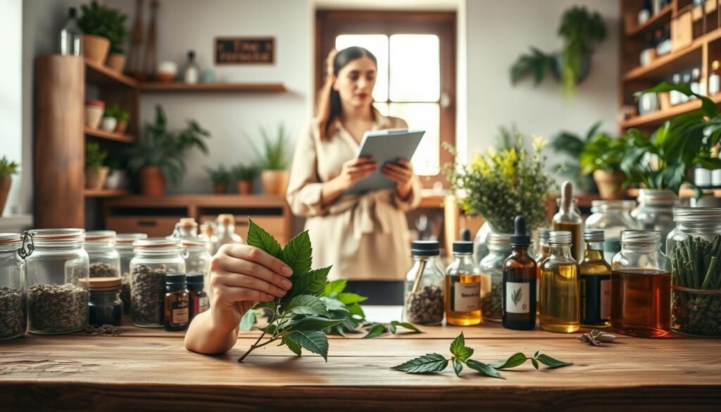 A serene, well-lit apothecary setting showcasing a wooden table filled with various herbal remedies, including jars of dried herbs, essential oils, and fresh plants. In the foreground, a pair of hands carefully examining a herbal leaf to symbolize safety and caution in herbal medicine. In the middle ground, a professional-looking woman in modest, casual clothing stands thoughtfully, taking notes on a clipboard while glancing at the herbs. In the background, soft sunlight streams through a window, illuminating the herbs and creating a warm, inviting atmosphere. The overall mood is calm and professional, emphasizing the importance of safety and awareness in the use of herbal medicine.