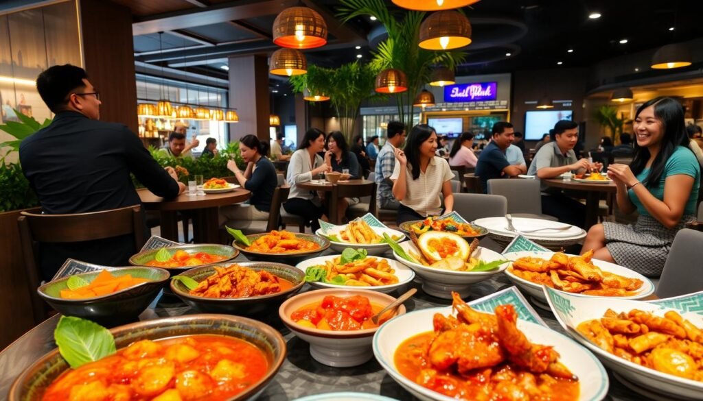 A vibrant and bustling modern Indonesian eatery featuring a diverse array of spicy dishes displayed on stylish tables. In the foreground, a colorful spread of popular Indonesian dishes like sambal, grilled chicken, and sizzling seafood served in artistic bowls, enhancing the theme of spicy cuisine. The middle ground shows diners enjoying their meals, dressed in stylish casual attire, laughing and savoring the bold flavors. In the background, the decor is contemporary with warm, inviting lighting and greenery, creating a lively and energetic atmosphere. Utilize soft, natural lighting to highlight the textures of the food and the expressions of the diners, captured from a slightly elevated angle to emphasize the space and ambiance.