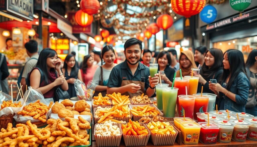 A vibrant market scene showcasing a variety of popular Indonesian street snacks. In the foreground, a colorful selection of viral snacks displayed on a wooden table, including crispy fried foods, brightly colored desserts, and refreshing drinks. Mid-ground features a cheerful vendor wearing modest casual attire, engaging with a diverse group of curious customers, all expressing excitement and curiosity. The background captures a bustling street with festive decorations, ambient soft lighting creating a warm, inviting atmosphere. The angle should be slightly elevated, giving a clear view of the snacks and the interactions while maintaining a crisp focus on the snacks. The overall mood is lively and fun, embodying a sense of discovery and enjoyment in choosing delicious, trending treats.