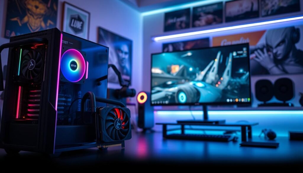 An advanced gaming setup optimized for ray tracing, featuring a sleek, high-performance gaming PC with RGB lighting, powerful graphics card, and efficient cooling system prominently displayed in the foreground. The middle ground showcases a vivid gaming monitor displaying a visually stunning scene with ray tracing effects, casting realistic reflections and dynamic lighting. In the background, a modern room with gaming decor, including posters and ambient LED lights, enhances the atmosphere. The scene is illuminated with soft, dramatic lighting that highlights the hardware while creating an immersive mood. The angle is slightly tilted to provide depth, emphasizing the sophistication of the gaming hardware and technology. The overall ambiance conveys excitement and readiness for optimal gaming performance.