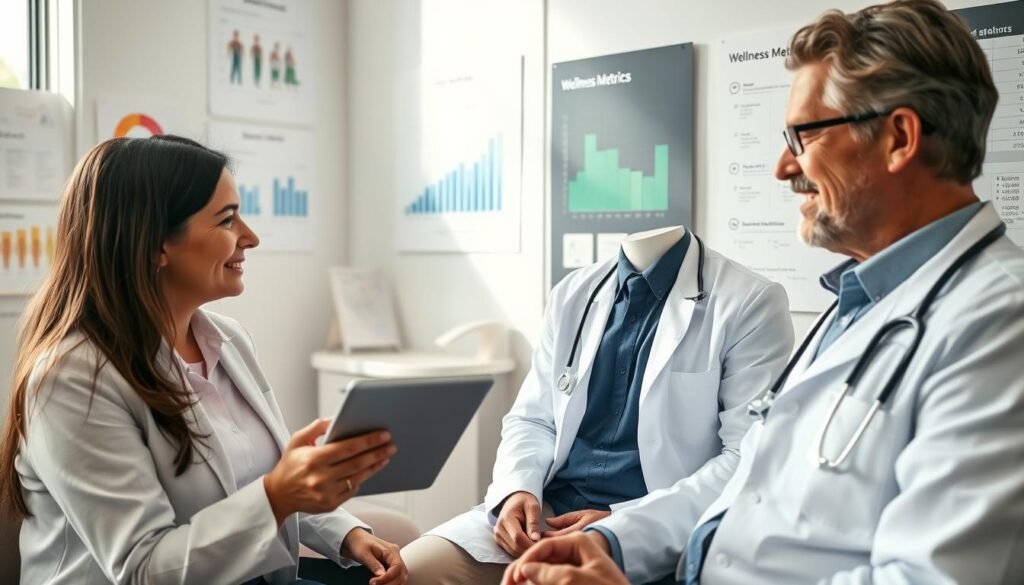 A middle-aged man and woman, both around 40 years old, sitting in a well-lit, modern doctor's office, undergoing a routine health check-up. The woman, dressed in a smart casual outfit, is talking to a friendly physician, who is in a lab coat, using a digital tablet to discuss health metrics. The man, wearing professional attire, sits nearby with a concerned yet optimistic expression. In the background, health charts and wellness posters decorate the walls, emphasizing the importance of regular health screenings. Soft, natural light streams through a window, creating a warm and inviting atmosphere that conveys a sense of care and professionalism. The focus is on the interaction and the concept of proactive health management.