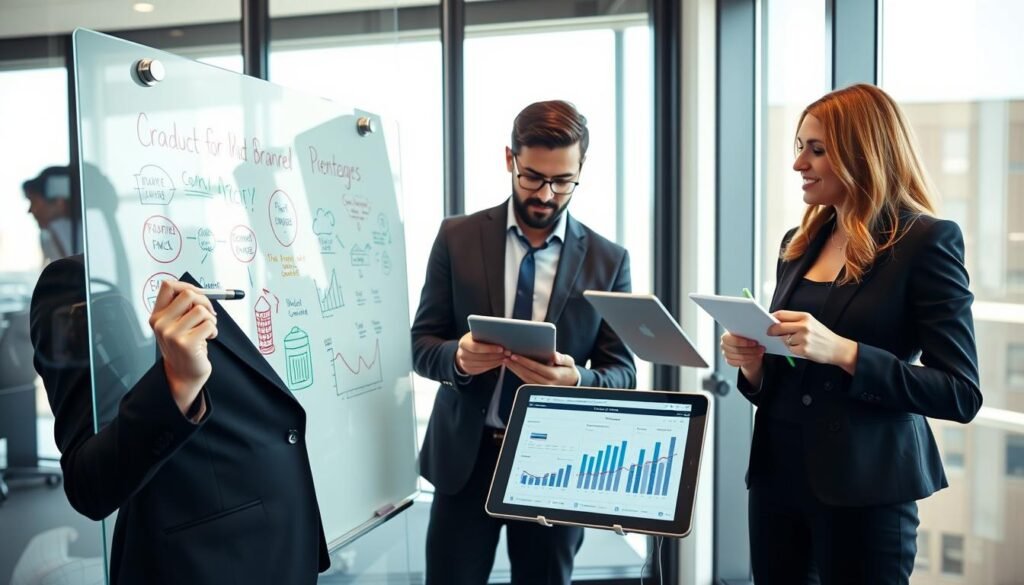 A modern business meeting setting depicting three diverse professionals brainstorming strategies for product differentiation within a channel. In the foreground, a woman in a sleek business suit writes on a glass whiteboard, showcasing colorful diagrams of unique branding concepts. In the middle, a man in smart casual attire analyzes a digital tablet displaying market analysis, while another woman in formal wear takes notes, engaged in discussion. The background features large windows letting in natural light, creating a bright and inspiring atmosphere. The overall mood is collaborative and innovative, emphasizing creativity and strategic planning in brand differentiation. The image should be captured with a wide-angle lens to encompass the entire scene, ensuring clarity and vibrancy.