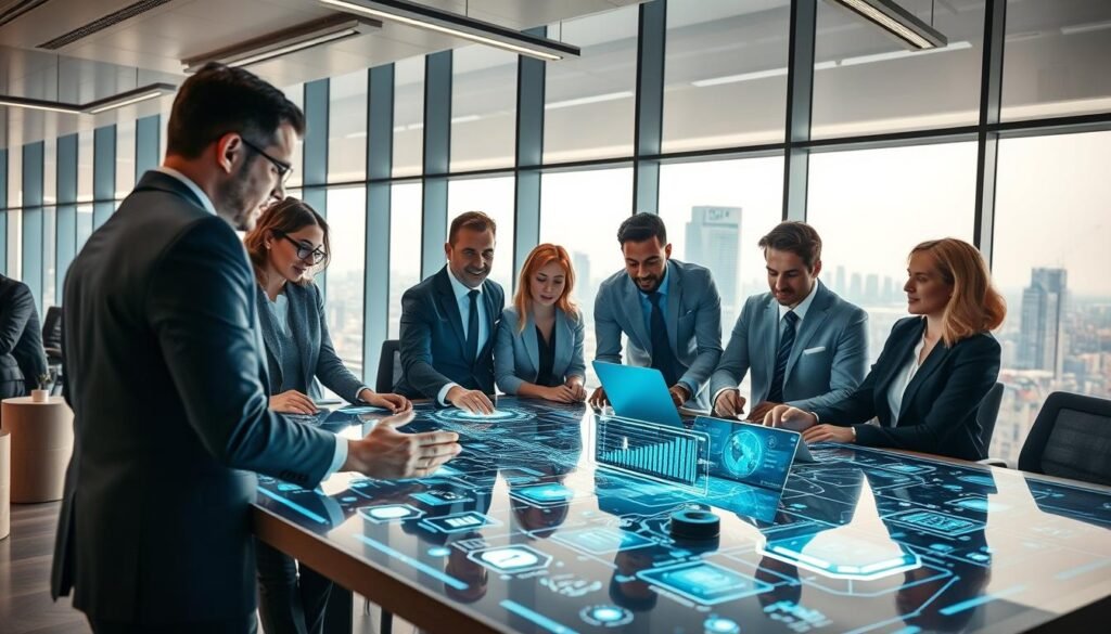A modern office environment showcasing the benefits of the Internet of Things (IoT) enhancing efficiency. In the foreground, a diverse group of professionals in business attire collaboratively working at a smart table with digital displays and IoT devices. In the middle, various interconnected IoT devices such as smart screens and sensors, demonstrating real-time data analytics and monitoring. The background features large windows with a view of a city skyline and an innovative, high-tech atmosphere, bathed in natural light. The composition should have a dynamic angle to emphasize teamwork and intelligence, evoking a sense of progress and technological advancement. The overall mood is optimistic and forward-thinking, reflecting the transformative impact of IoT on modern life. A modern office environment showcasing the benefits of the Internet of Things (IoT) enhancing efficiency. In the foreground, a diverse group of professionals in business attire collaboratively working at a smart table with digital displays and IoT devices. In the middle, various interconnected IoT devices such as smart screens and sensors, demonstrating real-time data analytics and monitoring. The background features large windows with a view of a city skyline and an innovative, high-tech atmosphere, bathed in natural light. The composition should have a dynamic angle to emphasize teamwork and intelligence, evoking a sense of progress and technological advancement. The overall mood is optimistic and forward-thinking, reflecting the transformative impact of IoT on modern life.