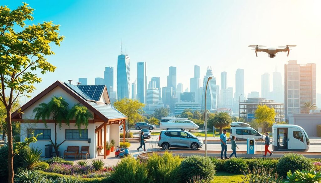 A vibrant cityscape illustrating the diverse applications of Internet of Things (IoT) in various sectors of modern life. In the foreground, a smart home with connected devices managing energy efficiency, surrounded by greenery and solar panels. In the middle ground, an urban scene with electric vehicles charging at smart stations and people interacting with IoT-enabled wearables, showcasing health tracking. The background features a digital smart city skyline with drones delivering packages and autonomous public transport. The lighting is bright and optimistic, with a clear blue sky. Use a wide-angle perspective to capture the interconnectedness of technology in daily life, evoking a sense of innovation and convenience. A vibrant cityscape illustrating the diverse applications of Internet of Things (IoT) in various sectors of modern life. In the foreground, a smart home with connected devices managing energy efficiency, surrounded by greenery and solar panels. In the middle ground, an urban scene with electric vehicles charging at smart stations and people interacting with IoT-enabled wearables, showcasing health tracking. The background features a digital smart city skyline with drones delivering packages and autonomous public transport. The lighting is bright and optimistic, with a clear blue sky. Use a wide-angle perspective to capture the interconnectedness of technology in daily life, evoking a sense of innovation and convenience.